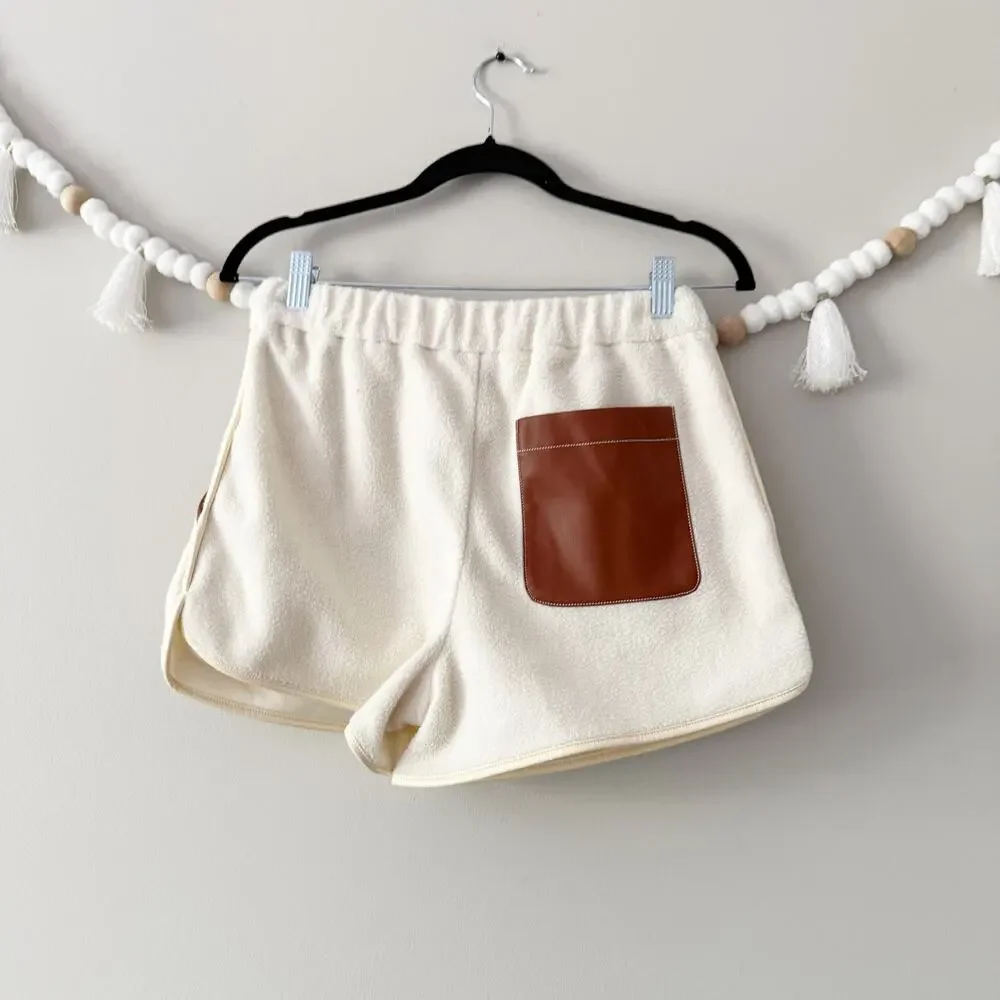 STAUD Fleece Sapling Shorts Faux Leather Trim Ivory Multi Women's Size Small
